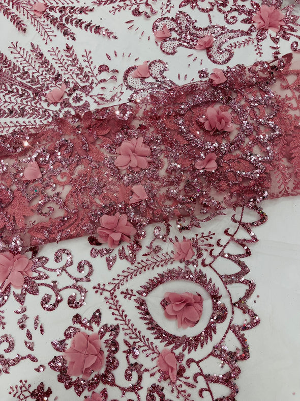Floral 3D Palm Damask with glitter in a Mesh Lace- Sold by the yard.