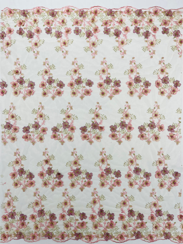 Multi Color 3D Floral Design Embroider with Pearls in a Mesh Lace -Sold by the yard.