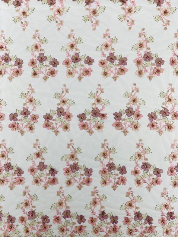 Multi Color 3D Floral Design Embroider with Pearls in a Mesh Lace -Sold by the yard.