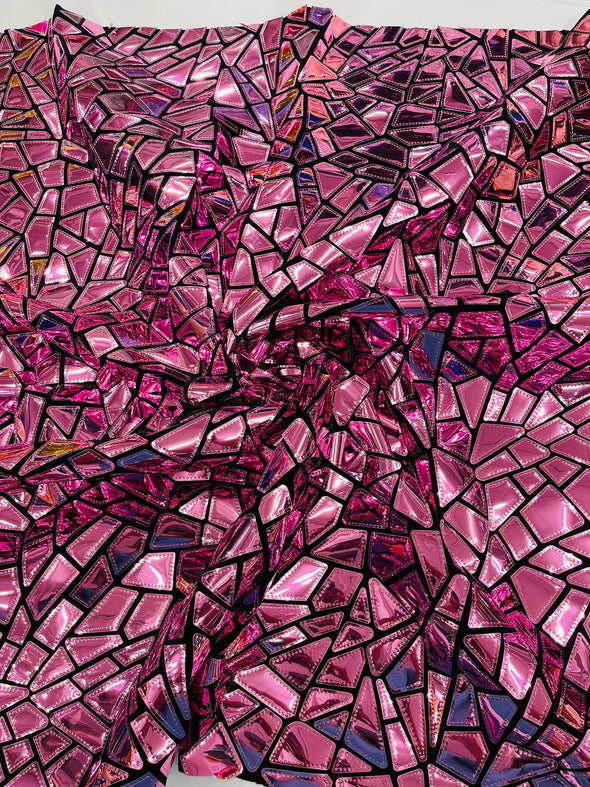 Dusty Pink Holographic Shiny Broken Glass Sequin Design/Geometric/ On Black Stretch Velvet Fabric Sold By The Yard