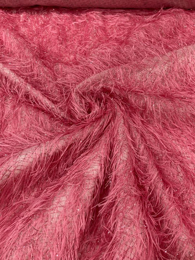 Dusty Pink Shaggy Jacquard Faux Ostrich/Eye Lash Feathers Sewing Fringe With Metallic Thread Fabric By The Yard