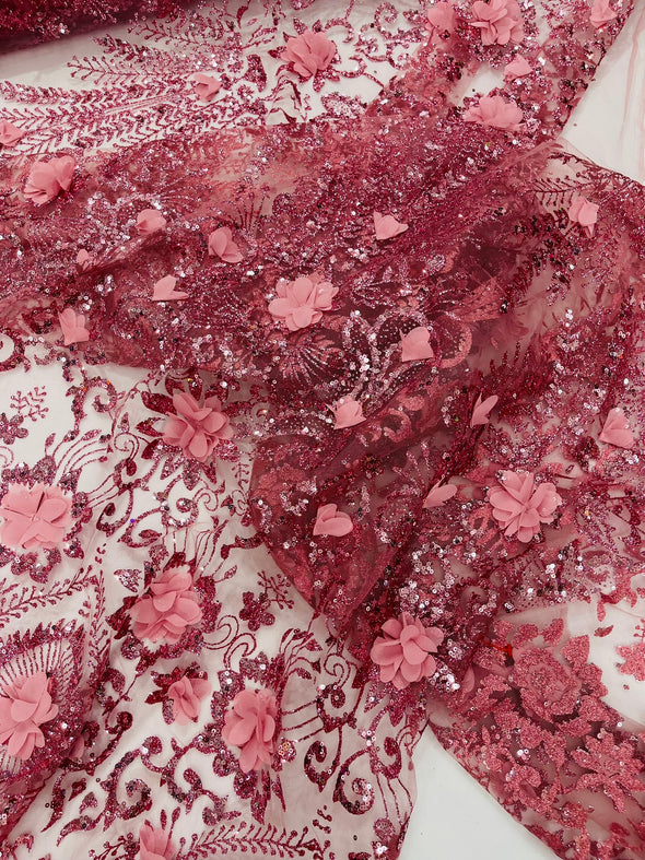 Floral 3D Palm Damask with glitter in a Mesh Lace- Sold by the yard.
