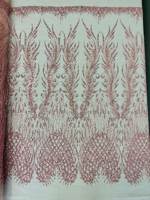 Dusty Pink Feathers damask embroider and heavy beaded on a mesh lace fabric- Sold by the yard