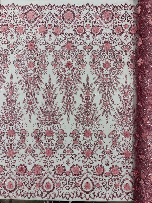 Floral 3D Palm Damask with glitter in a Mesh Lace- Sold by the yard.