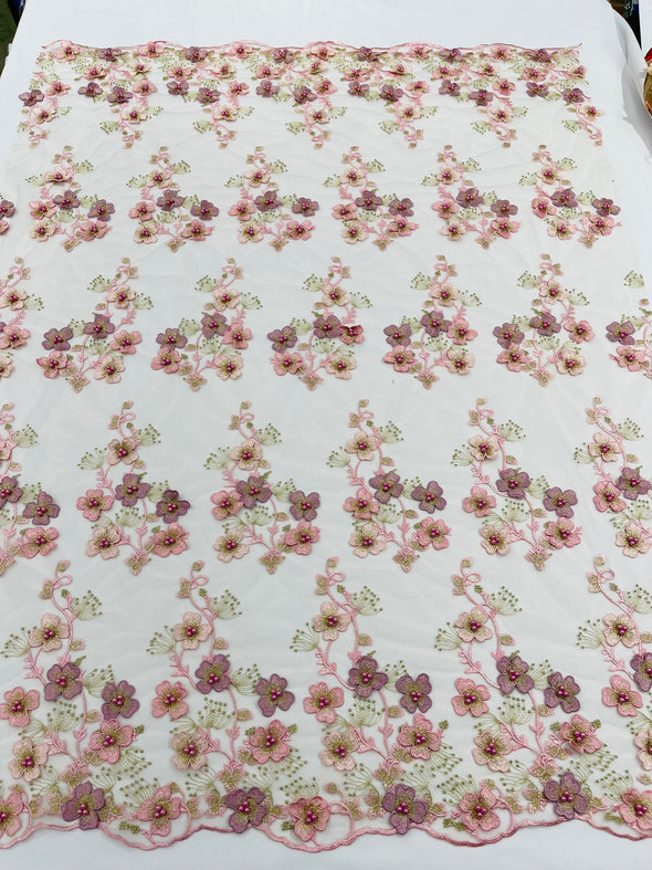 Multi Color 3D Floral Design Embroider with Pearls in a Mesh Lace -Sold by the yard.