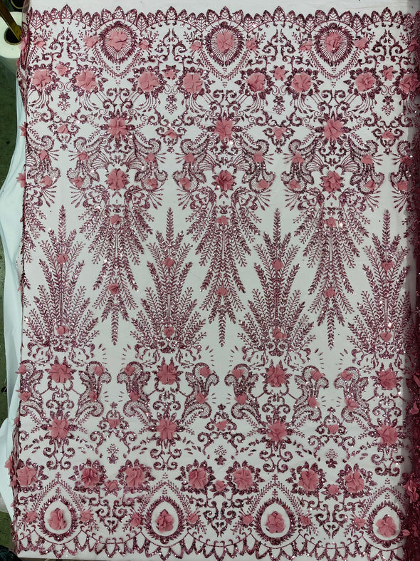 Floral 3D Palm Damask with glitter in a Mesh Lace- Sold by the yard.