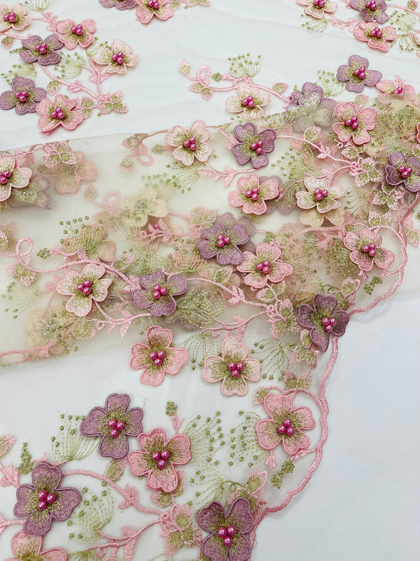 Multi Color 3D Floral Design Embroider with Pearls in a Mesh Lace -Sold by the yard.