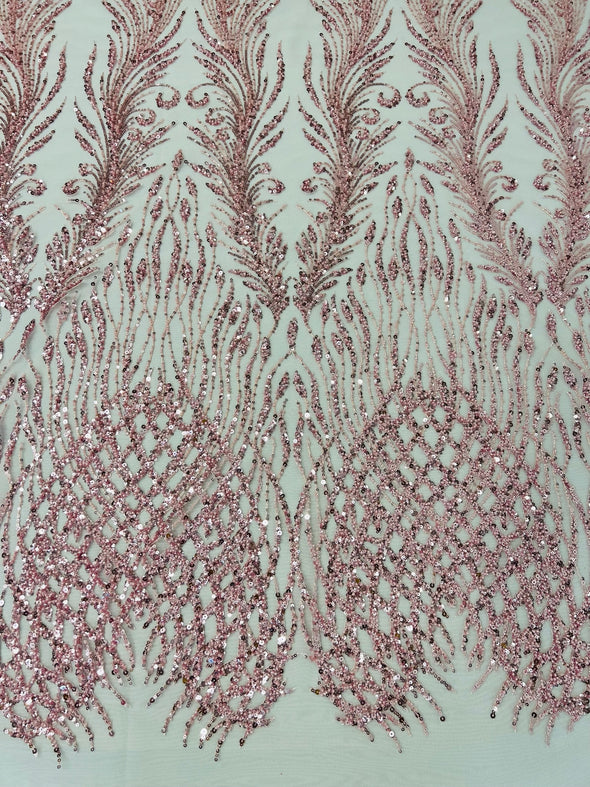 Dusty Pink Feathers damask embroider and heavy beaded on a mesh lace fabric- Sold by the yard
