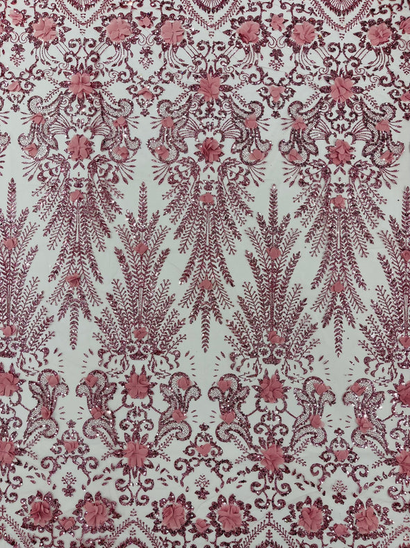 Floral 3D Palm Damask with glitter in a Mesh Lace- Sold by the yard.