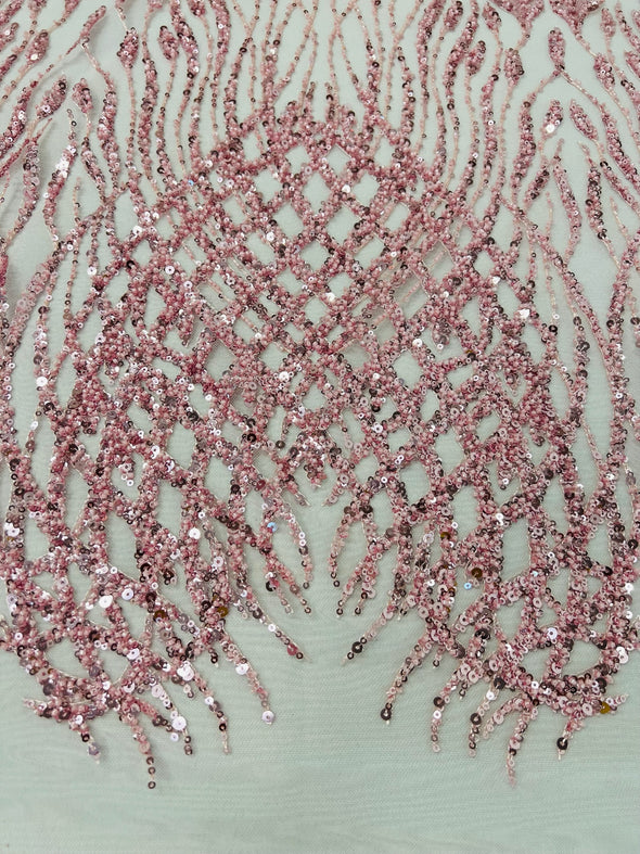 Dusty Pink Feathers damask embroider and heavy beaded on a mesh lace fabric- Sold by the yard