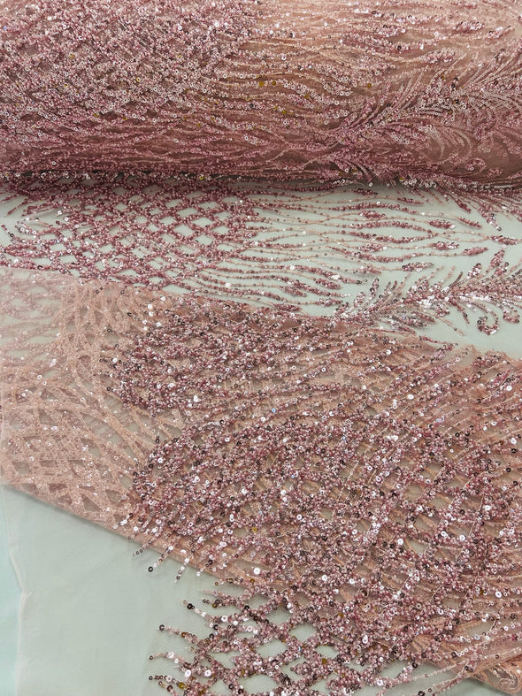 Dusty Pink Feathers damask embroider and heavy beaded on a mesh lace fabric- Sold by the yard