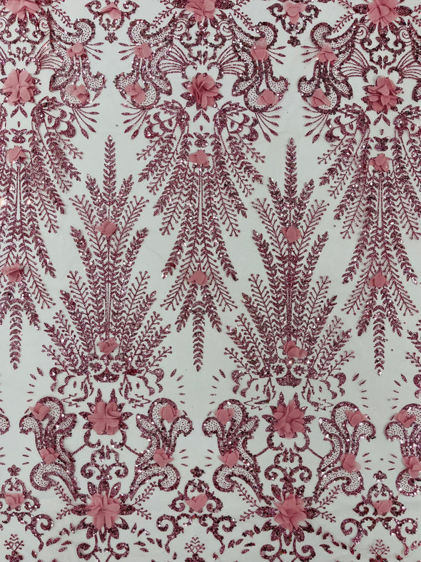 Floral 3D Palm Damask with glitter in a Mesh Lace- Sold by the yard.