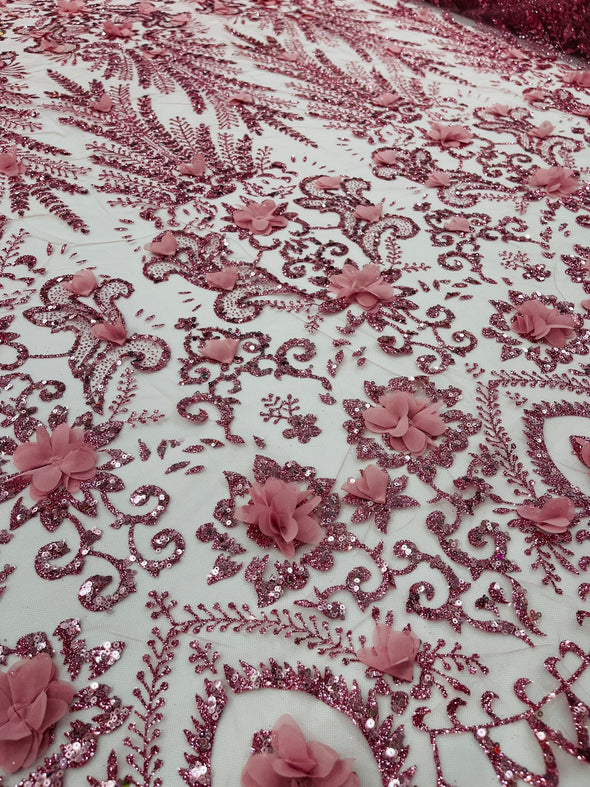 Floral 3D Palm Damask with glitter in a Mesh Lace- Sold by the yard.