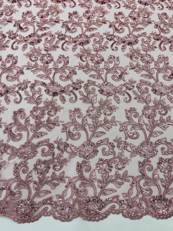 Corded floral french Embroider With Sequins On a Mesh Lace Fabric-Prom-Sold By The Yard
