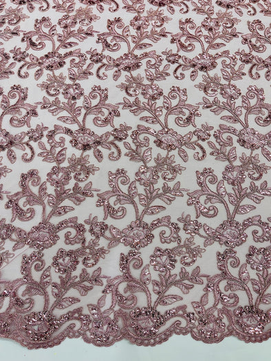 Dusty Rose Corded floral French Embroider With Sequins On a Mesh Lace Fabric-Prom-Sold By The Yard