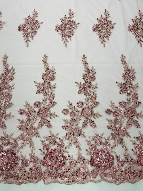 Dusty Rose Floral design embroider and beaded on a mesh lace fabric-Wedding/Bridal/Prom/Nightgown fabric.