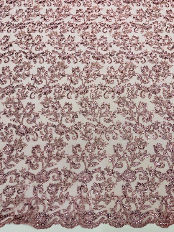 Dusty Rose Corded floral French Embroider With Sequins On a Mesh Lace Fabric-Prom-Sold By The Yard