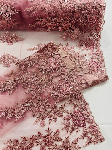 Dusty Rose Floral design embroider and beaded on a mesh lace fabric-Wedding/Bridal/Prom/Nightgown fabric.