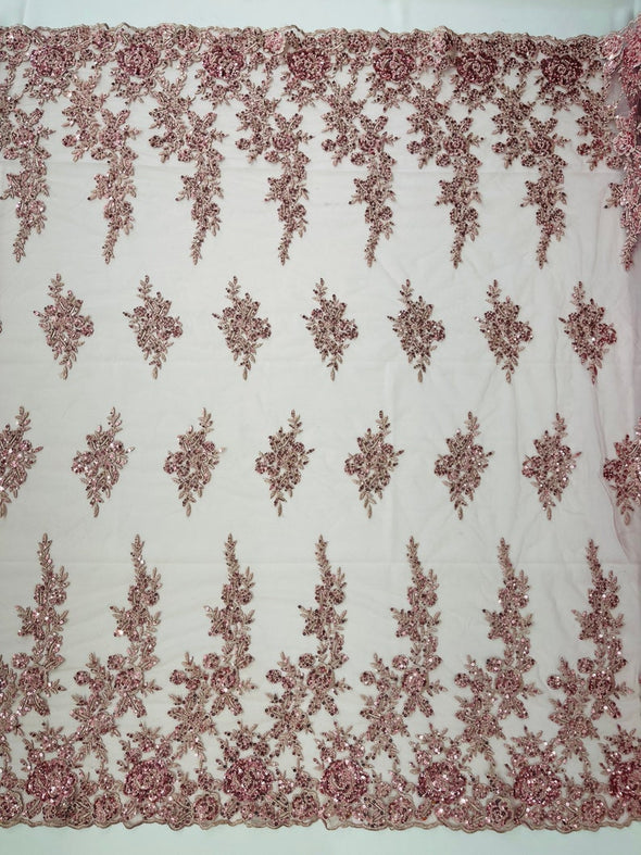 Dusty Rose Floral design embroider and beaded on a mesh lace fabric-Wedding/Bridal/Prom/Nightgown fabric.
