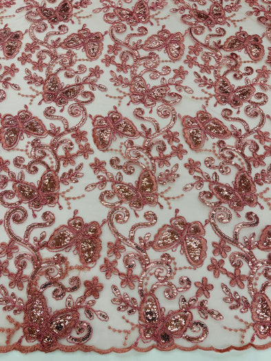 Dusty Rose Metallic Corded Lace/ Butterfly Design Embroidered With Sequin on a Mesh Lace Fabric