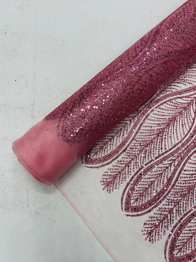 Dusty Rose Glitter Feather Damask Design On A Mesh Lace Fabric/Prom.