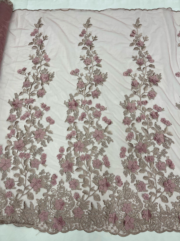 3D floral design embroider and beaded with pearls on a mesh lace-prom-dresses-nightgown-apparel-fashion-Sold by yard