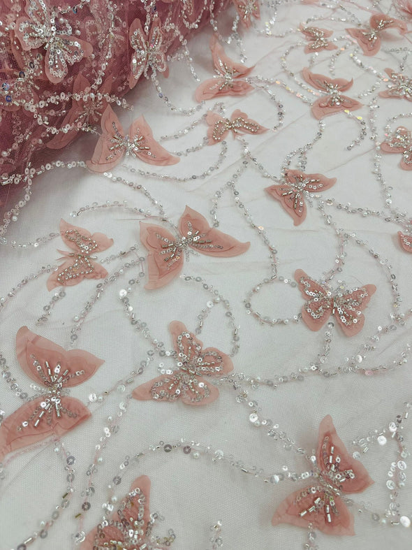 Dusty Rose 3D Butterfly Design Embroider and Beaded on a Mesh Lace-Prom-Sold by yard.