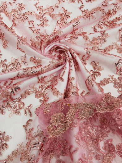 Dusty Rose Flower lace corded and embroider with sequins on a mesh- Sold by the yard