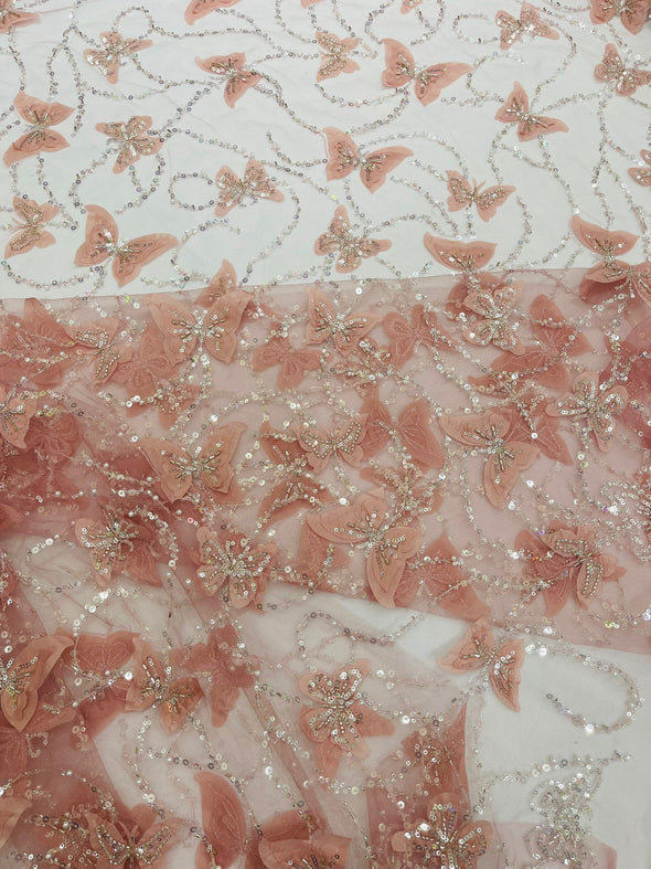 Dusty Rose 3D Butterfly Design Embroider and Beaded on a Mesh Lace-Prom-Sold by yard.