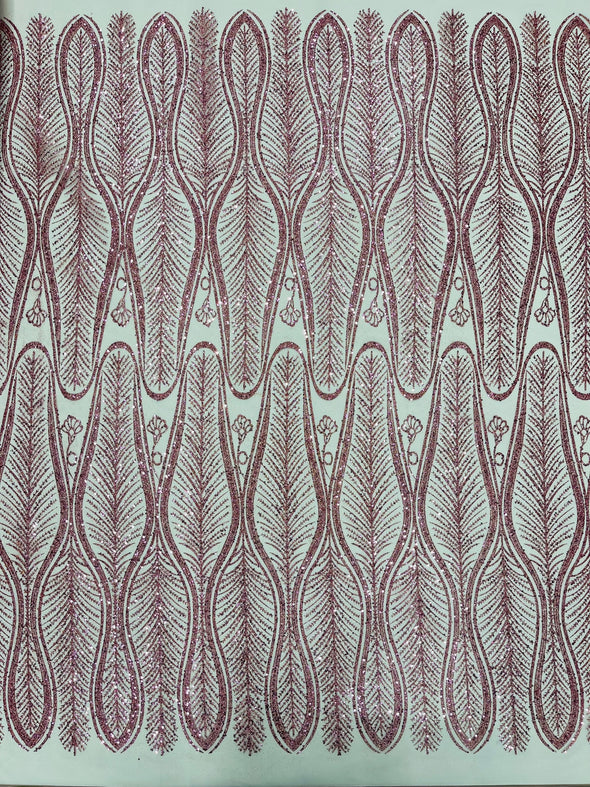 Dusty Rose Glitter Feather Damask Design On A Mesh Lace Fabric/Prom.