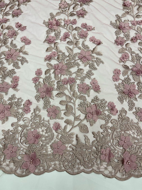 Dusty Rose 3D floral design embroider and beaded with pearls on a mesh lace-prom-dresses-nightgown-apparel-fashion-Sold by yard