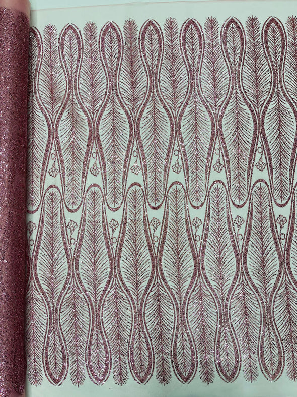 Dusty Rose Glitter Feather Damask Design On A Mesh Lace Fabric/Prom.