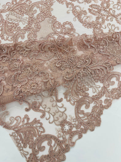 Dusty Rose Embroidery Damask Design With Sequins On A Mesh Lace Fabric/Prom/Wedding