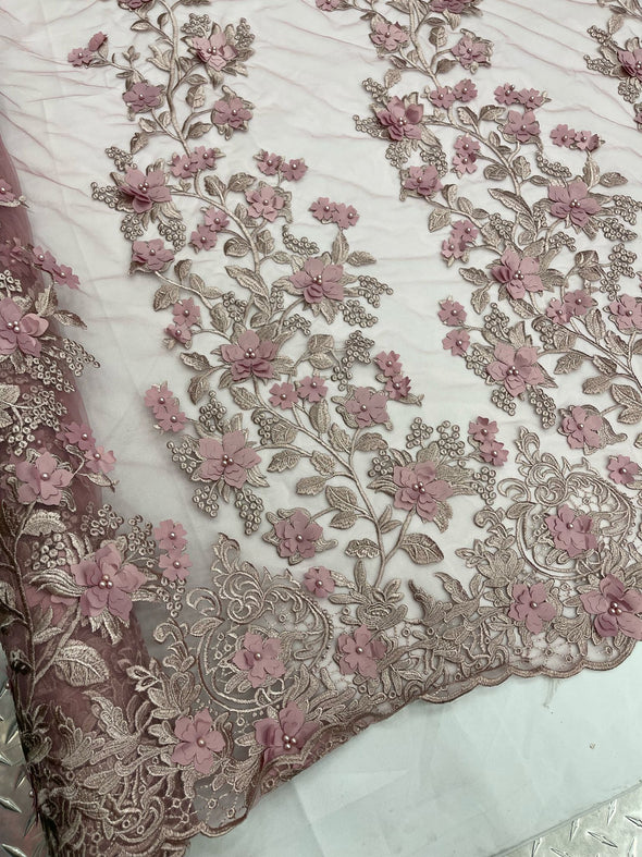 Dusty Rose 3D floral design embroider and beaded with pearls on a mesh lace-prom-dresses-nightgown-apparel-fashion-Sold by yard