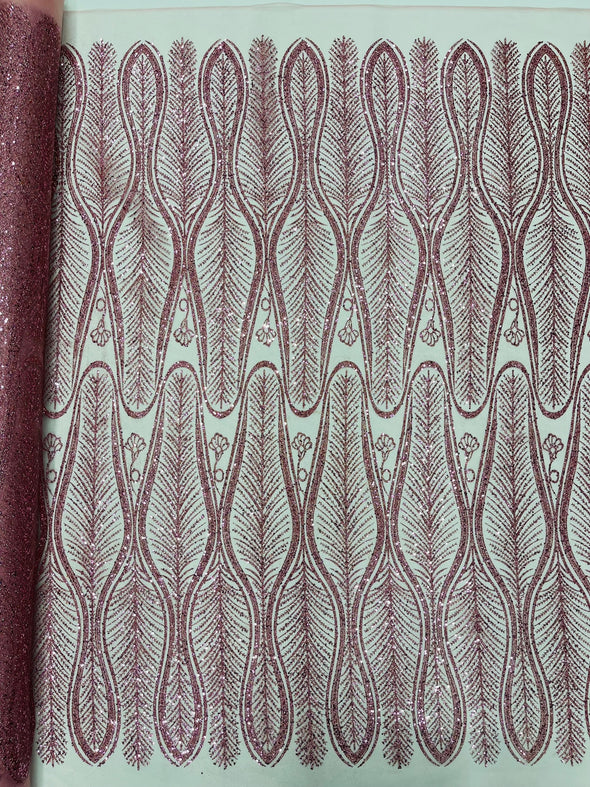 Dusty Rose Glitter Feather Damask Design On A Mesh Lace Fabric/Prom.