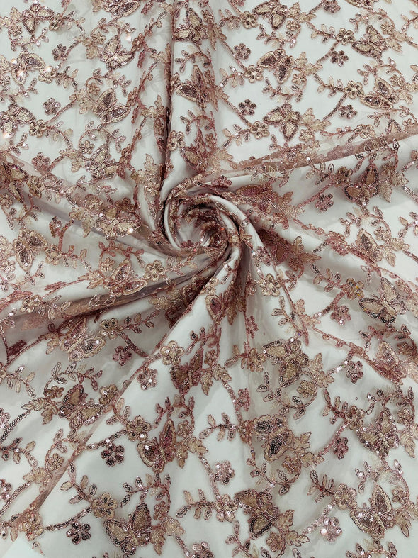 Dusty Rose Corded Lace/Small Butterfly Design Embroidered with Sequin on a Mesh Lace Fabric.