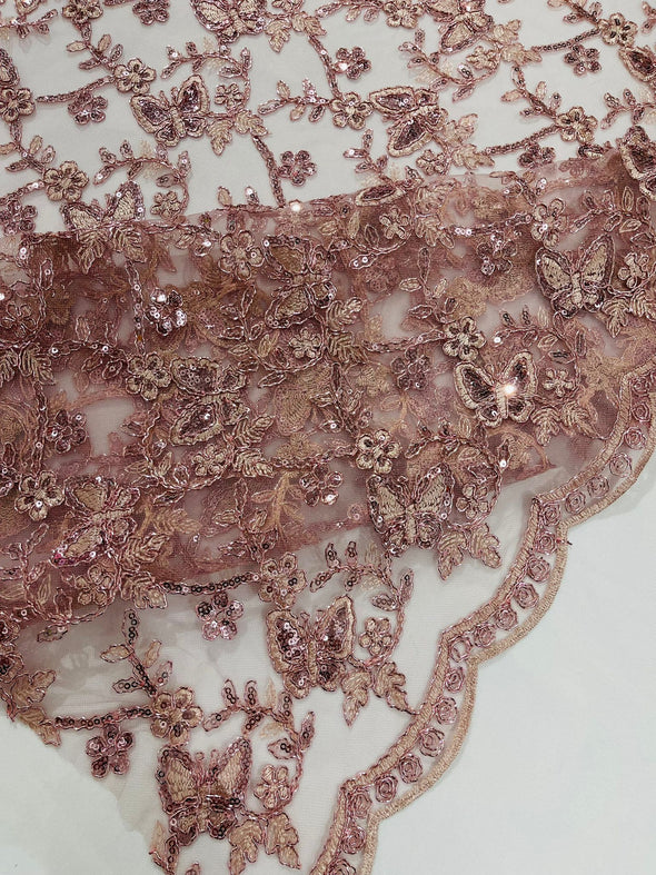 Dusty Rose Corded Lace/Small Butterfly Design Embroidered with Sequin on a Mesh Lace Fabric.