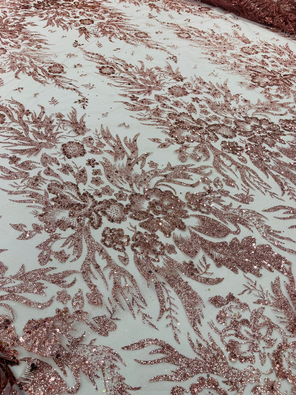 Big Glitter Damask Design On A Mesh Lace Fabric/Prom/Sold By The Yard