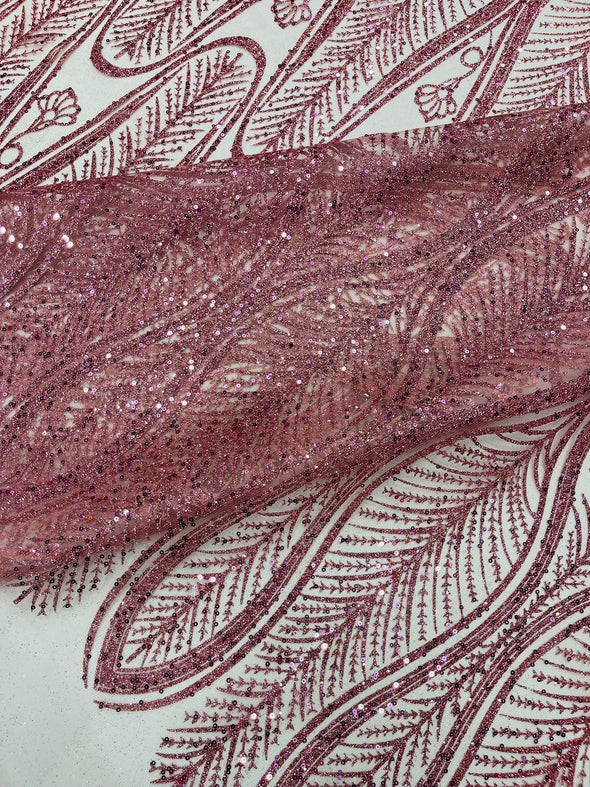 Dusty Rose Glitter Feather Damask Design On A Mesh Lace Fabric/Prom.