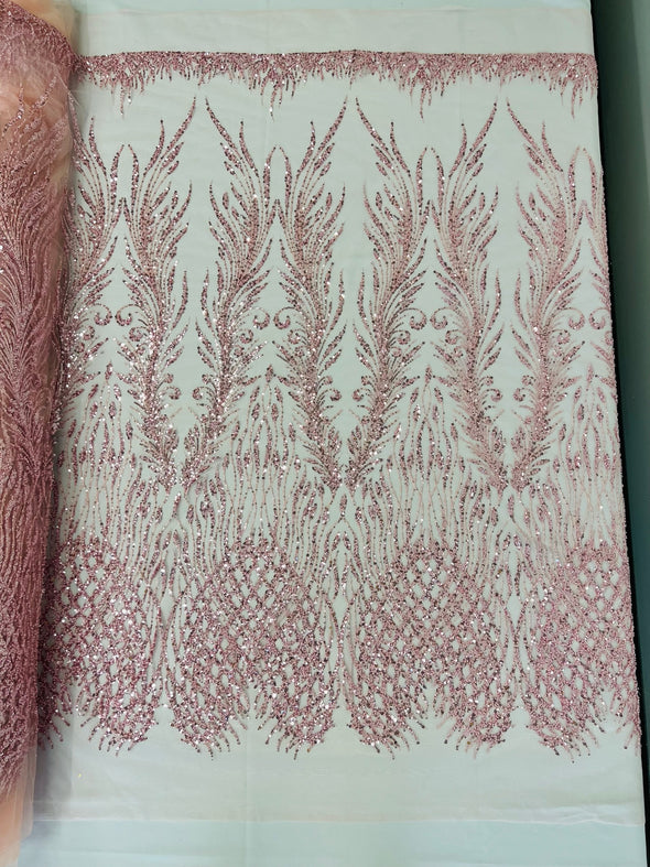 Feathers damask embroider and heavy beaded on a mesh lace fabric- Sold by the yard