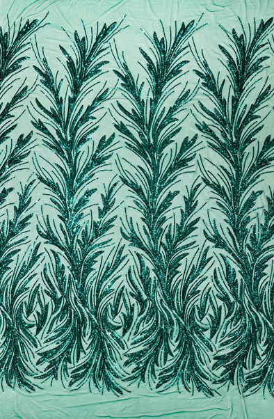 Emerald Green Feather damask shiny sequin design on a 4 way stretch mesh Fabric-prom-Sold by the yard