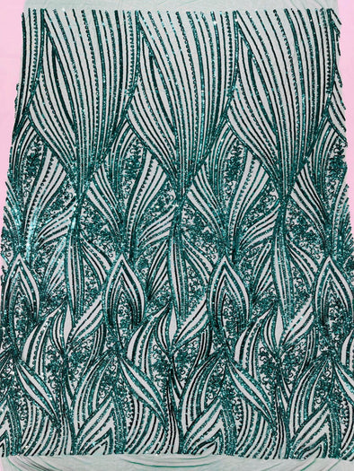 Emerald Green Shiny Geometric Feather wing shiny sequin design on a 4 way stretch mesh Fabric-prom-sold by the yard.