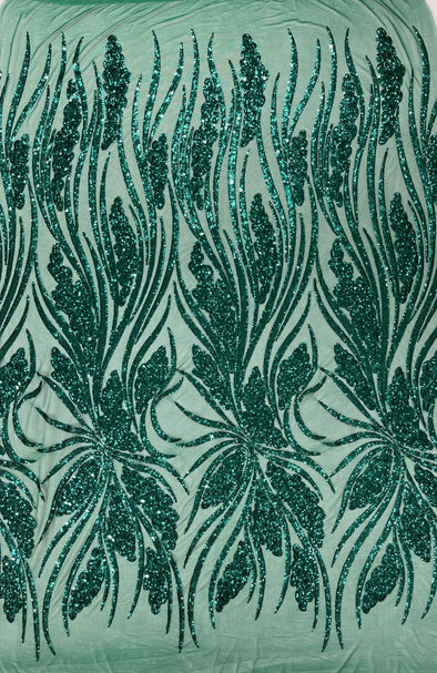 Emerald Green Feather damask shiny sequin design on a 4 way stretch mesh Fabric-prom-Sold by the yard