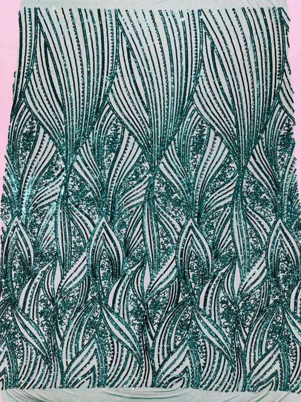 Shiny geometric Feather wing shiny sequin design on a 4 way stretch mesh Fabric-prom-sold by the yard.