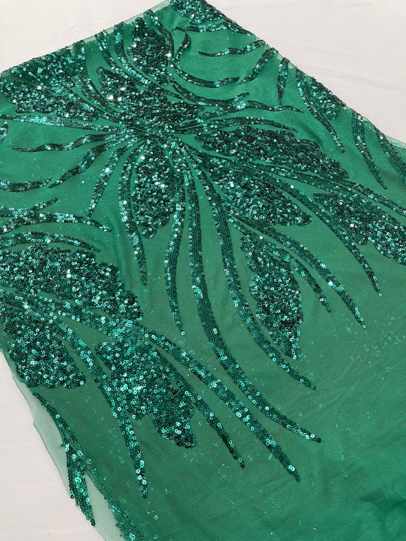 Emerald Green Feather damask shiny sequin design on a 4 way stretch mesh Fabric-prom-Sold by the yard