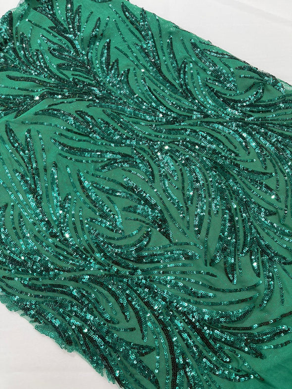 Emerald Green Feather damask shiny sequin design on a 4 way stretch mesh Fabric-prom-Sold by the yard