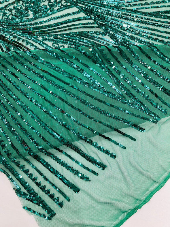 Emerald Green Shiny Geometric Feather wing shiny sequin design on a 4 way stretch mesh Fabric-prom-sold by the yard.