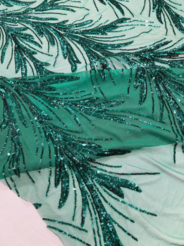 Emerald Green Feather damask shiny sequin design on a 4 way stretch mesh Fabric-prom-Sold by the yard