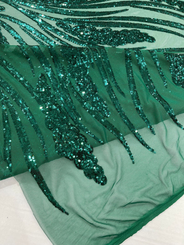 Emerald Green Feather damask shiny sequin design on a 4 way stretch mesh Fabric-prom-Sold by the yard