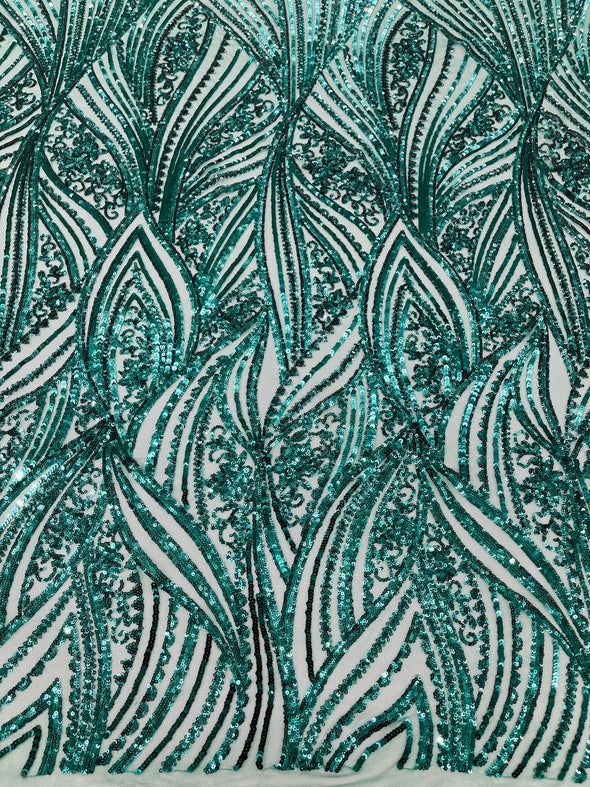 Emerald Green Shiny Geometric Feather wing shiny sequin design on a 4 way stretch mesh Fabric-prom-sold by the yard.